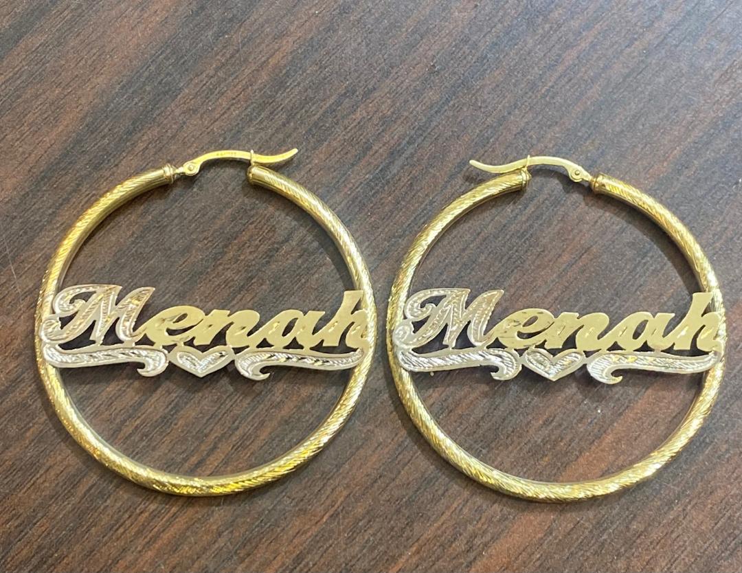 14k Yellow Gold Name Hoop Earrings - Lovelace Cut
