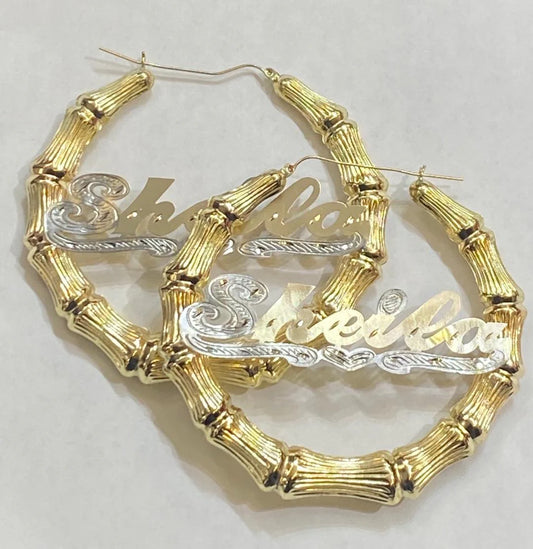 Personalized 10k Gold Bamboo Hoop Earrings - Lovelace Cut